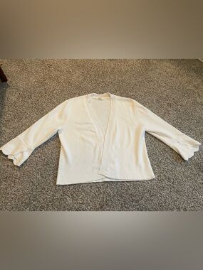 Peyton Primrose Open Front Cardigan Scallop Trim 3/4 Sleeve White Small‎